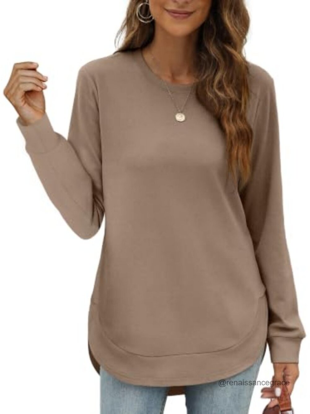 Womens Crewneck Sweatshirt Curved Hem High Low Tunic Pullover Long Sleeve